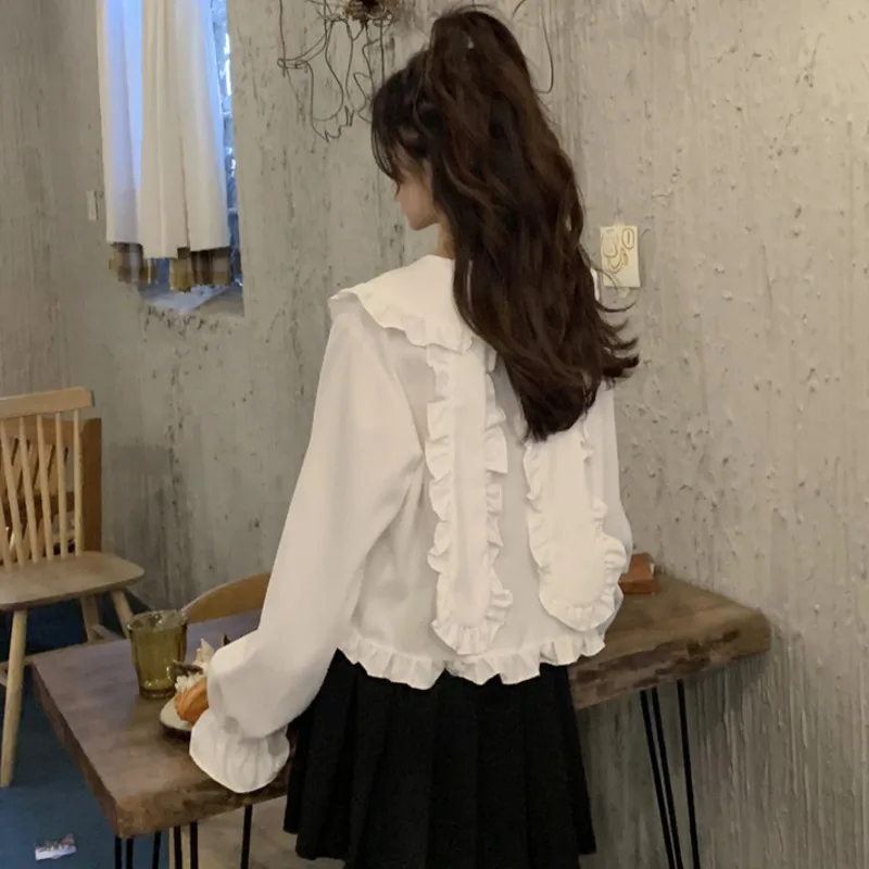 Sweet Women Lolita Style Blouses Kawaii Rabbit Long Ears Peter Pan Collar Shirts School Girls Cute Ruffles Edge Long Sleeve Tops