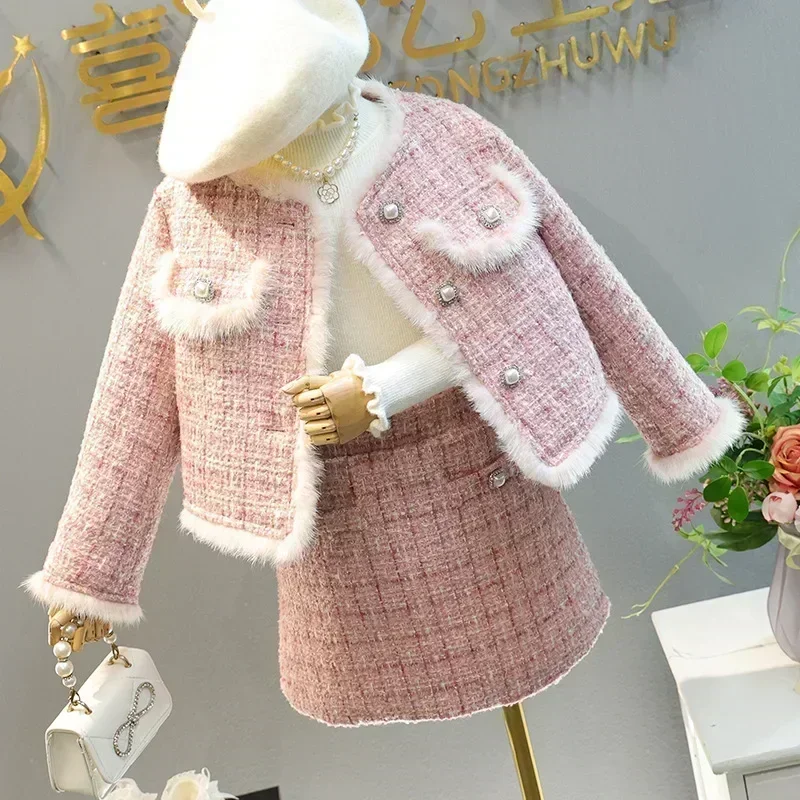 Spring Winter Girl Kids 2Pcs Tweed Clothes Sets Fashion Children Suits for 1-10Years Children's Cotton Padded Jacket Coat+Skirt