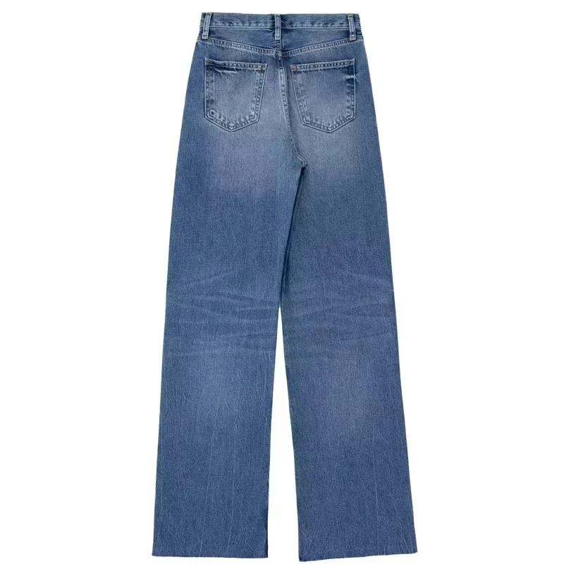 TRAF-Pantalon Baggy pour Femme, Faux Jean, Taille Moyenne, Jambes Larges, Style Coréen, Chic et Élégant, Printemps Été 2024