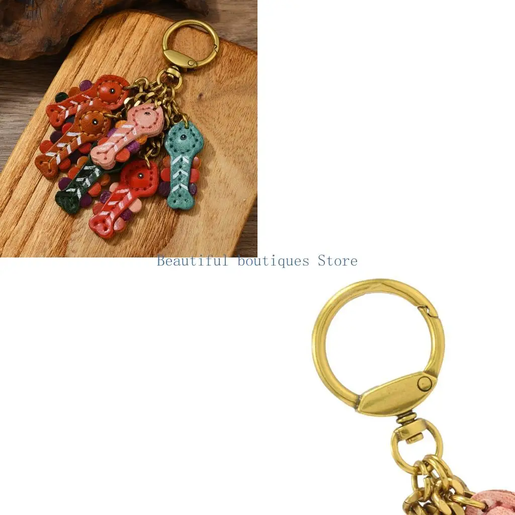 U4LF Handmade Look Leather Fish Keychain with Leather Accent Cluster and Metal Hardware, Retro Bag Charm for Keys, Commute