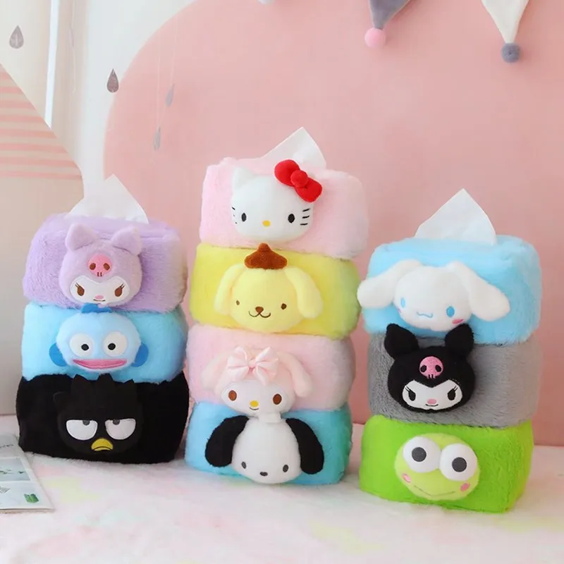 

Anime Hello Kitty Cinnamoroll Plush Paper Towel Box Kawaii Melody Kuromi Cartoon Living Room Office Tissue Case Car Decoration