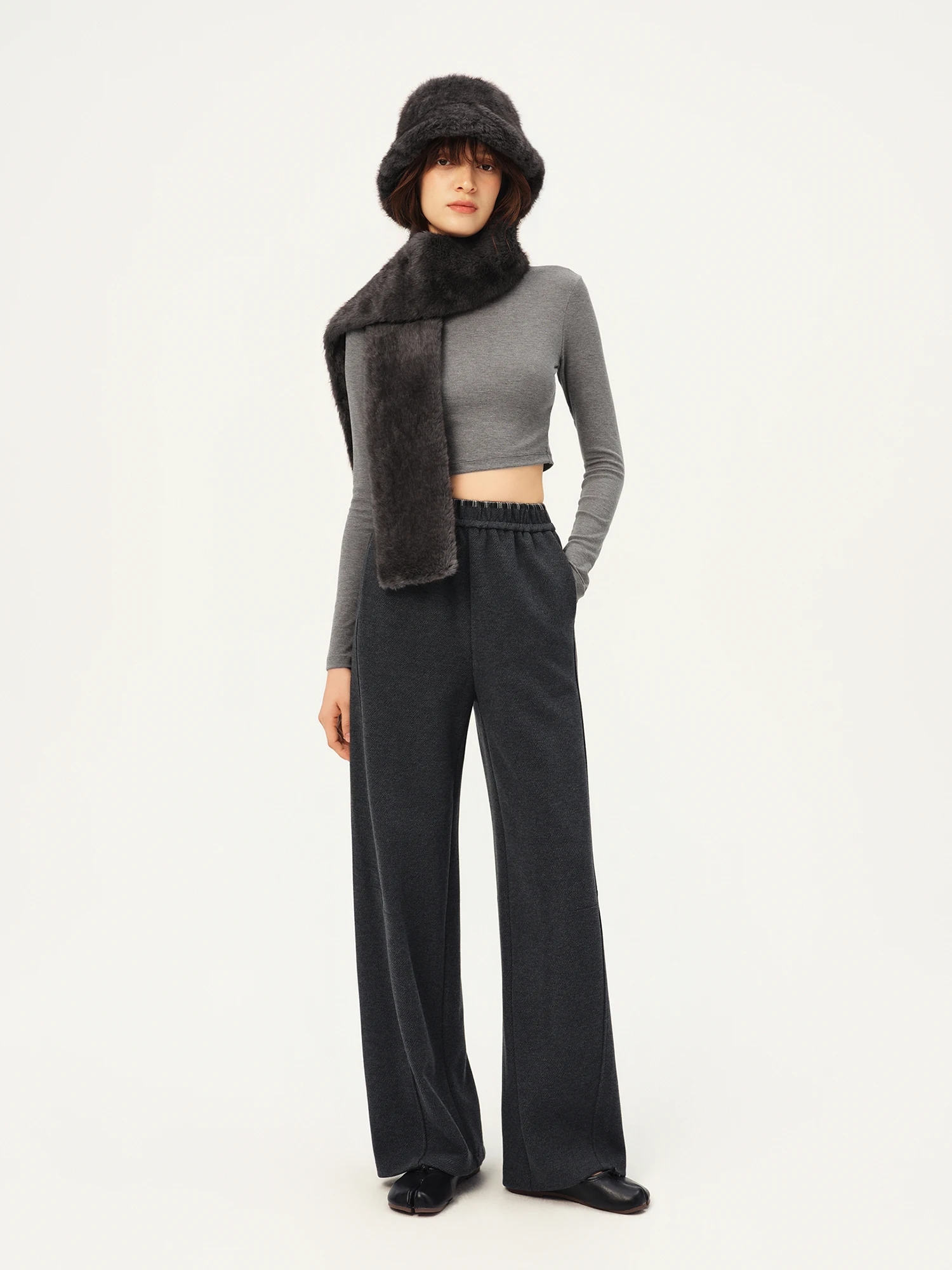 ZIQIAO Damen-Hose aus Wollmischgewebe mit geradem Bein, kariertem Bund, hoher Taille, lässige Hose, warm, für Büro, Pendeln und Streetwear – Detail 12