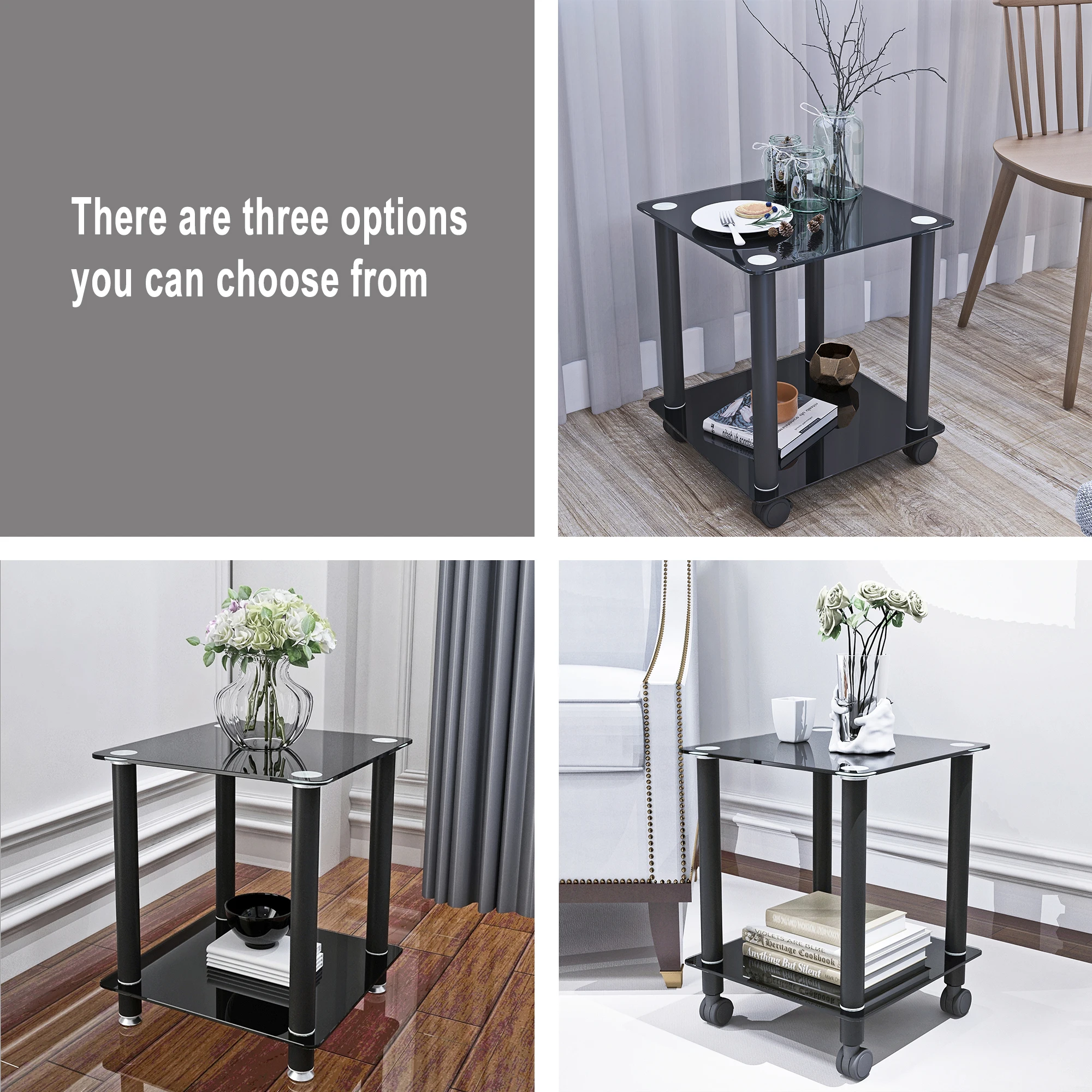 [Flash Sale]Black Glass Side Table 2-Tier Space End Table Modern Night Stand Sofa Table with Storage Shelve & Wheels[US-Stock]