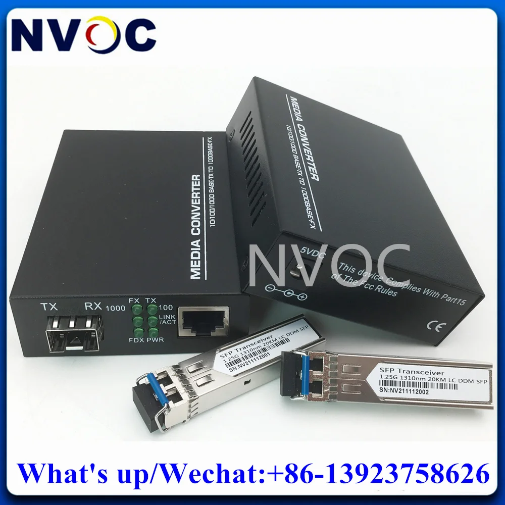 

2Set 1000M 1RJ45+1Gigabit SFP Unmanaged Fiber Optic SFP Media Converter Switch With 1.25G,SM,1310nm,20KM,DDM,Duplex LC Module