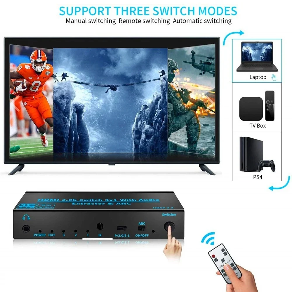 3-portowy przełącznik HD-MI 2.0 4K@60Hz Audio Extractor ARC Toslink SPDIF Kompatybilny z HDMI konwerter przełączający 3x1 do PS5 Xbox TV Laptop