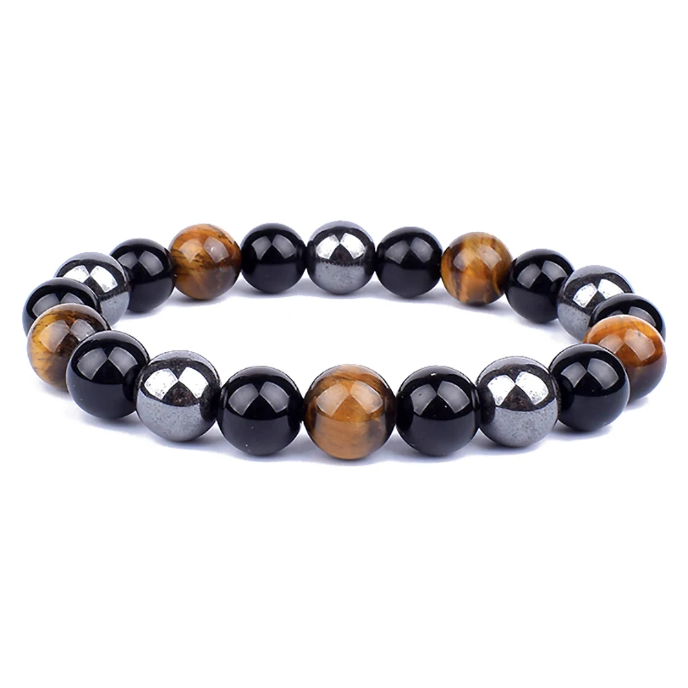 NAHM - Bracelet homme perles hématite noires argentées oeil de tigre NB0358