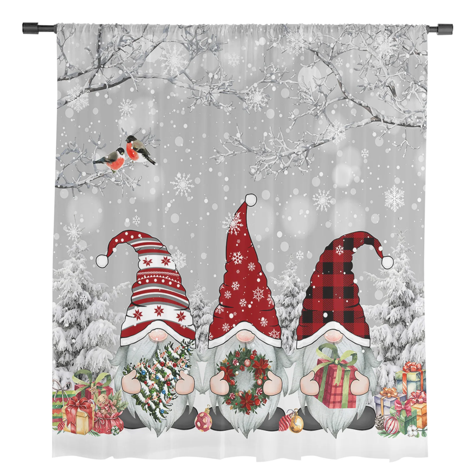 Christmas Snow Scene Snowflakes Gnome Grey Sheer Curtains Living Room Decoration Window Curtains Kitchen Tulle Voile Curtains