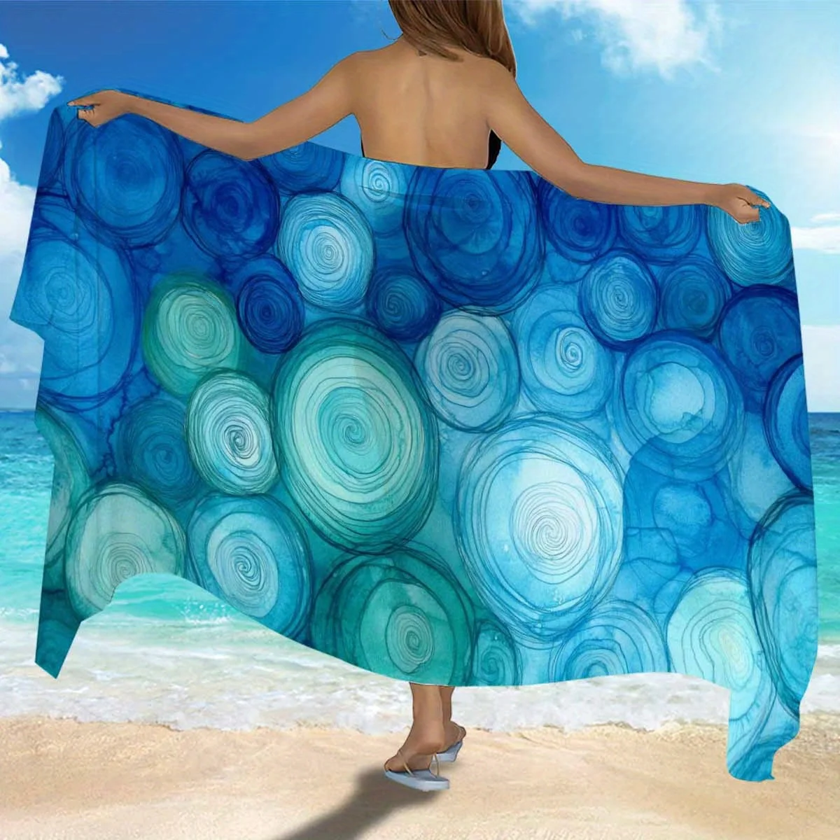 Blue Circular Pattern Sarong, Large Highly Absorbent Quick Drying for Travel Camping Summer