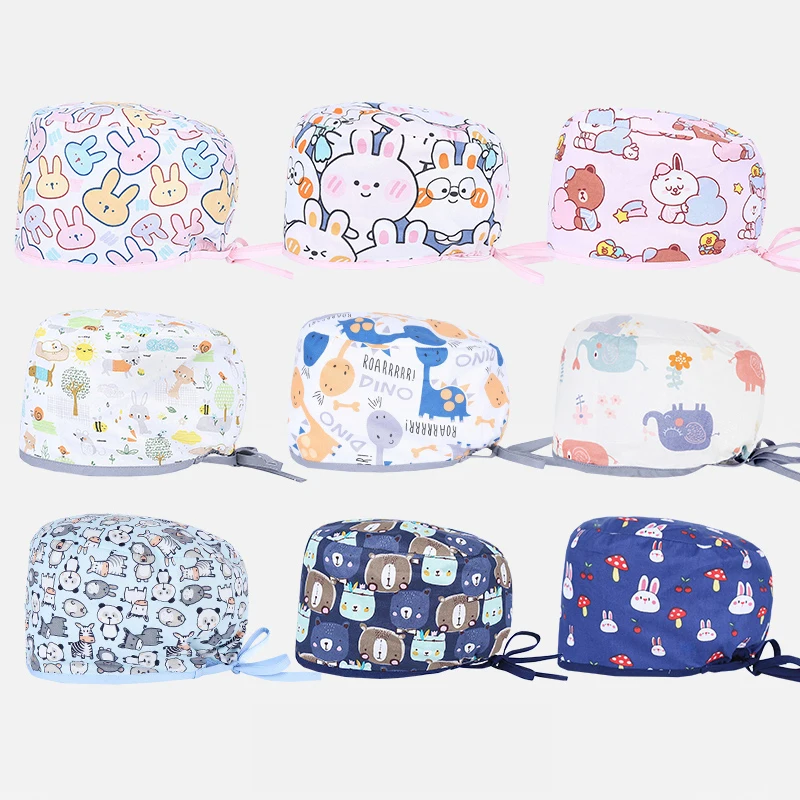 Fashion Surgical Medical Cap Scrub Caps Nursing Hats Cartoon Print Cotton Breathable Clinic Pediatric Veterinary Healthcare D828