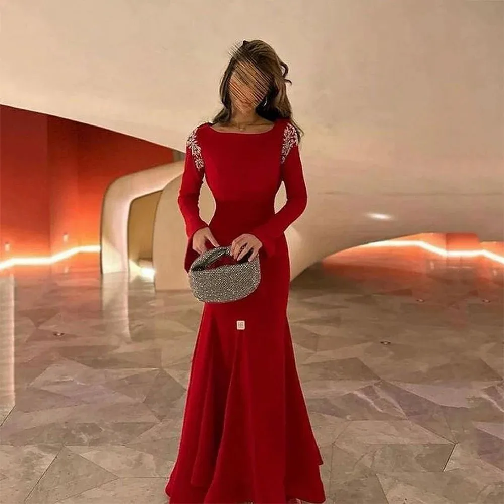 

Msikoods Red Mermaid Evening Dress Women Long Sleeve Saudi Arabic Celebrity Party Dress Formal Occasions Gown Customized