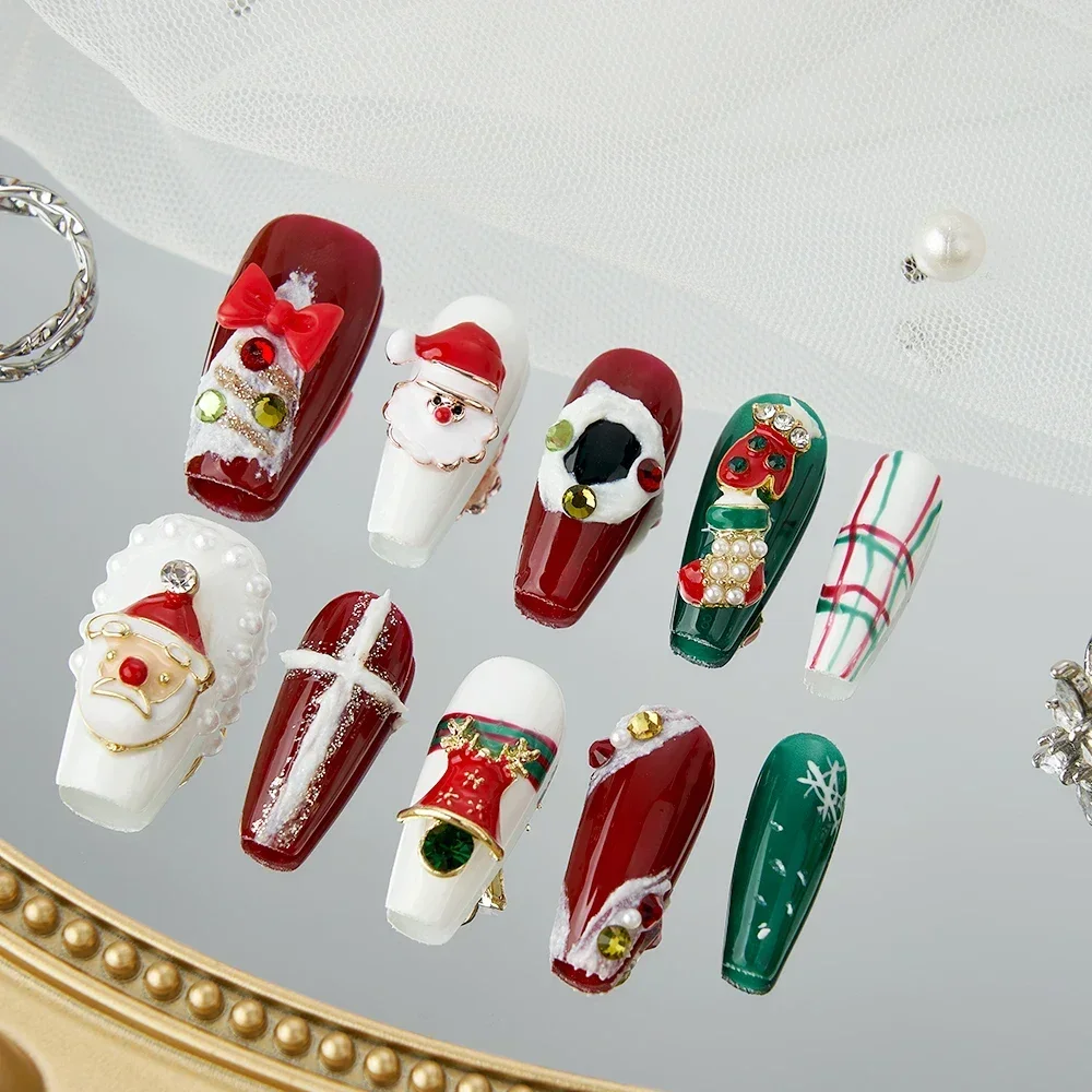 

Christmas Fake Nails Press on Santa Claus Frosted Snowflake Nail False Handmade Nail Party Nails Fake with Glue Nail Art