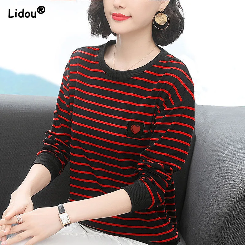 

Women's Long Sleeve Pure Cotton Clothing O-Neck Striped Spliced Spring Summer T-Shirts Love Pattern Appliques Tops Streetwear