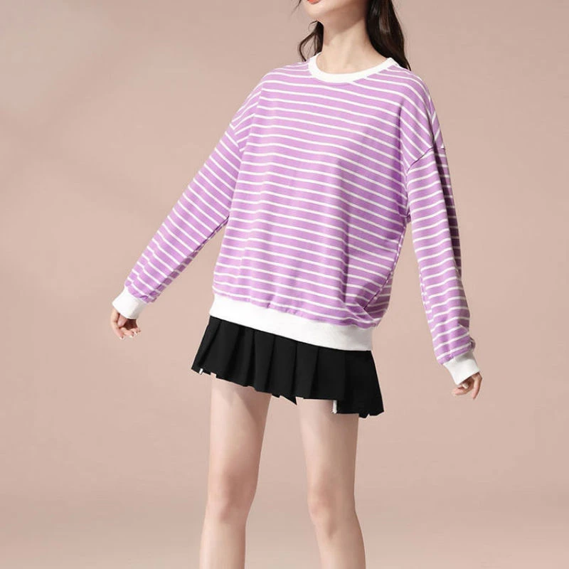 Preppy Style Striped Women\'s Clothing Pullover Lantern Long Sleeve Round Neck Spring Autumn T-shirt Loose Flattering Tops