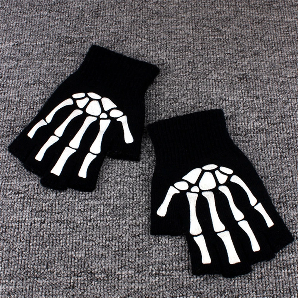 New Punk Gloves Unisex Halloween Skeleton Skull Half Finger Gloves Glow In The Dark Fingerless Stretch Knitted Winter Mittens