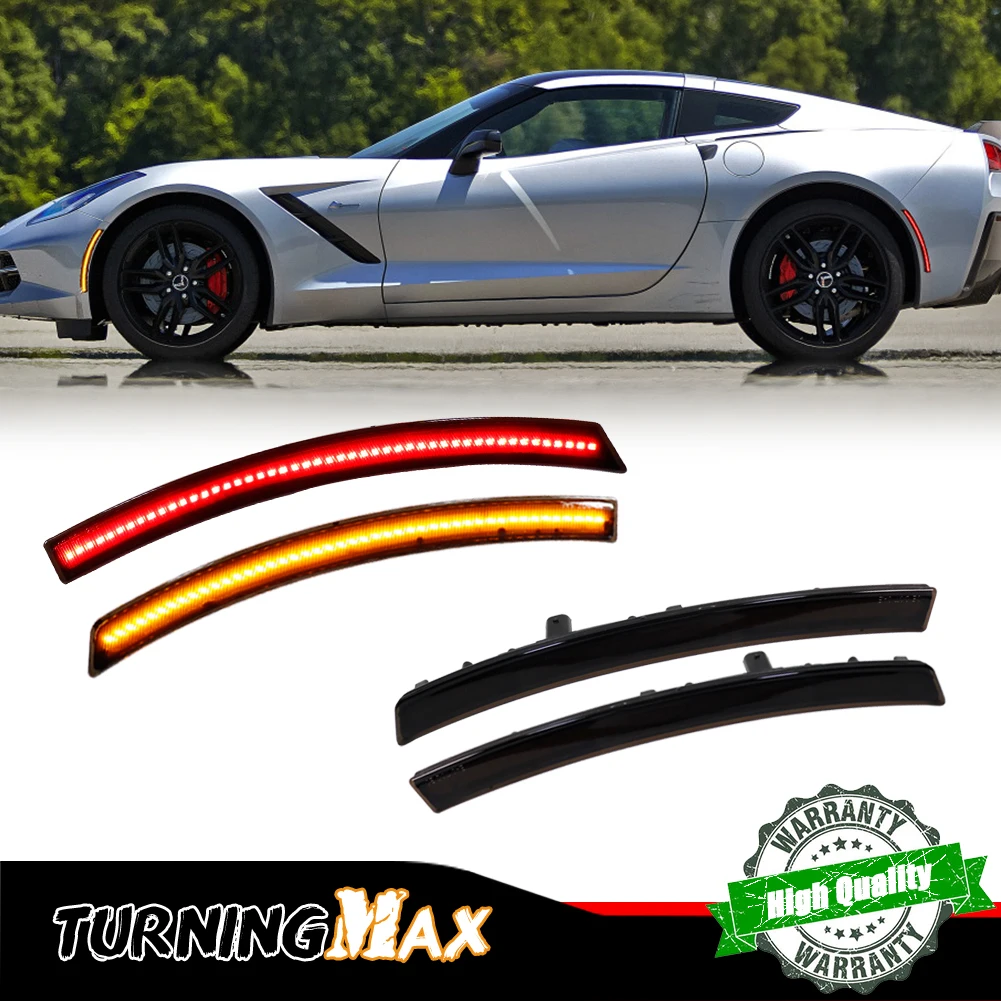 4x Smoked LED F&R Amber Red Side Marker Lights For Chevy Corvette C7 2014-2019