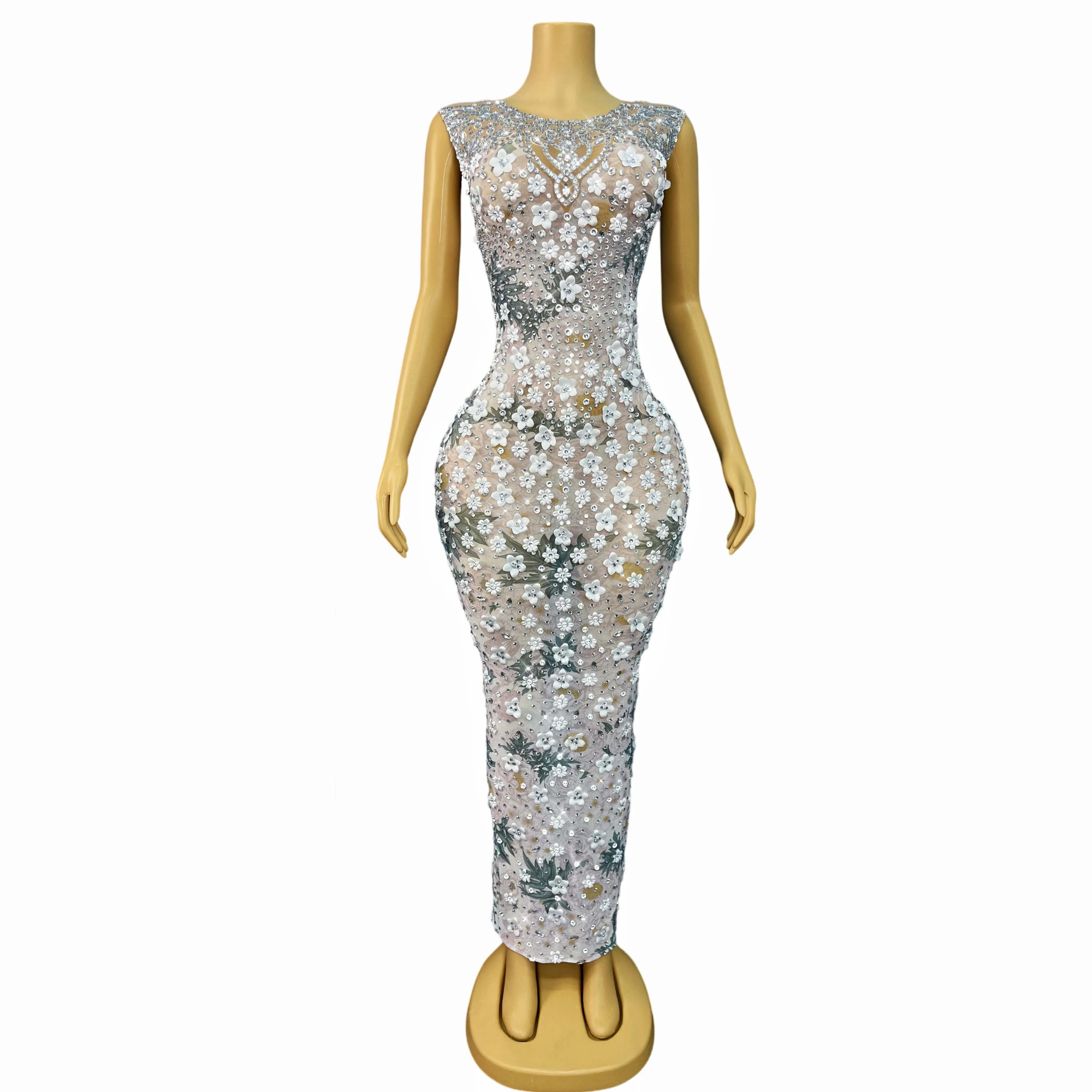 

Elegant White Flowers Shining Rhinestones Cultivation Maxi Dress Women Birthday Celebrate Evening Gown Show Outfit Shiyuehua