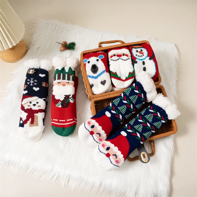 New Winter Kids Cartoon Christmas Socks Boys Girls Thicken Cotton Warm Floor Children Sock Non-Slip Thermal Cute Family Socks