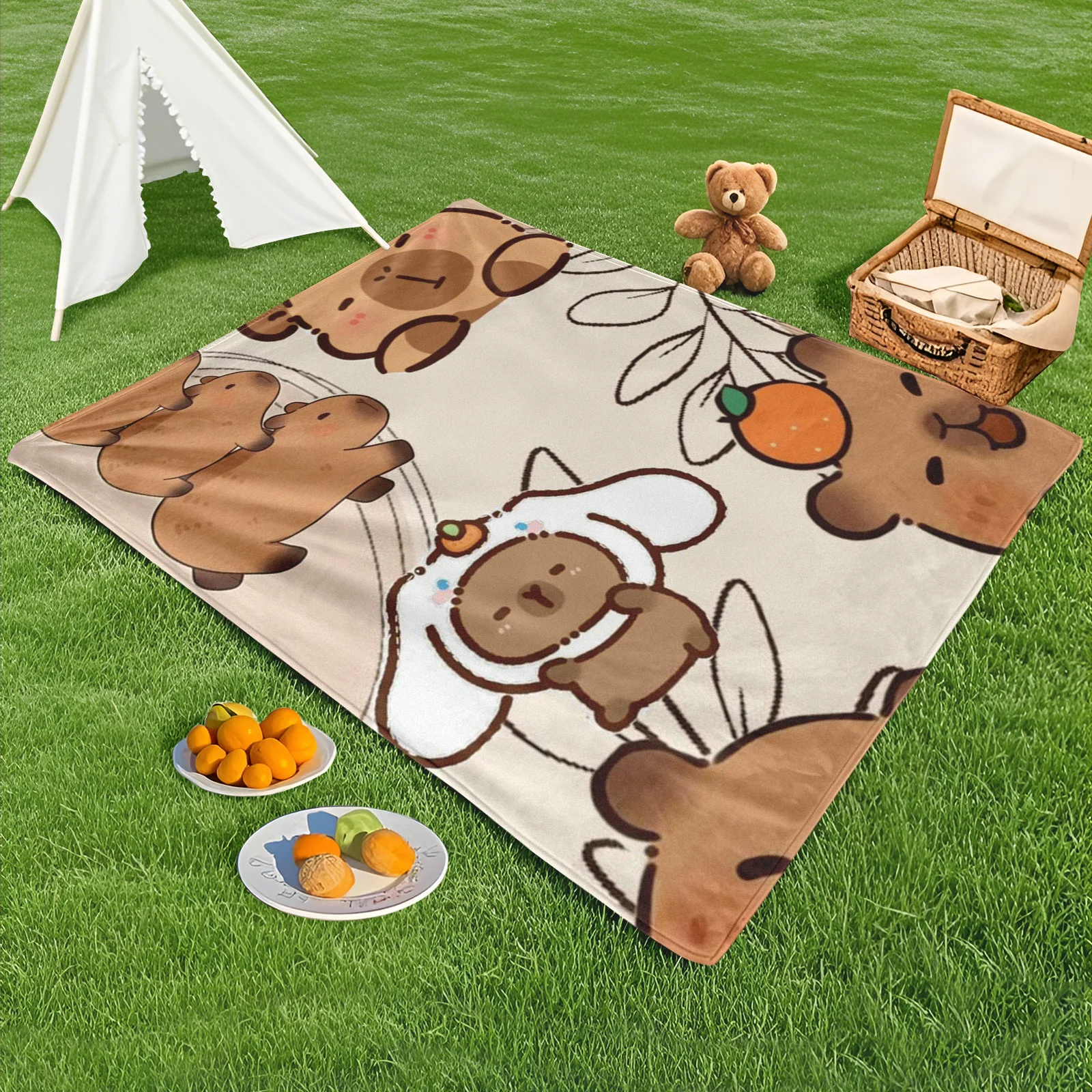 

Cozy Capybara Orange Beige White Outdoor Blanket For Picnic Camping Beach Adventure Warm Comfortable Lightweight Durable