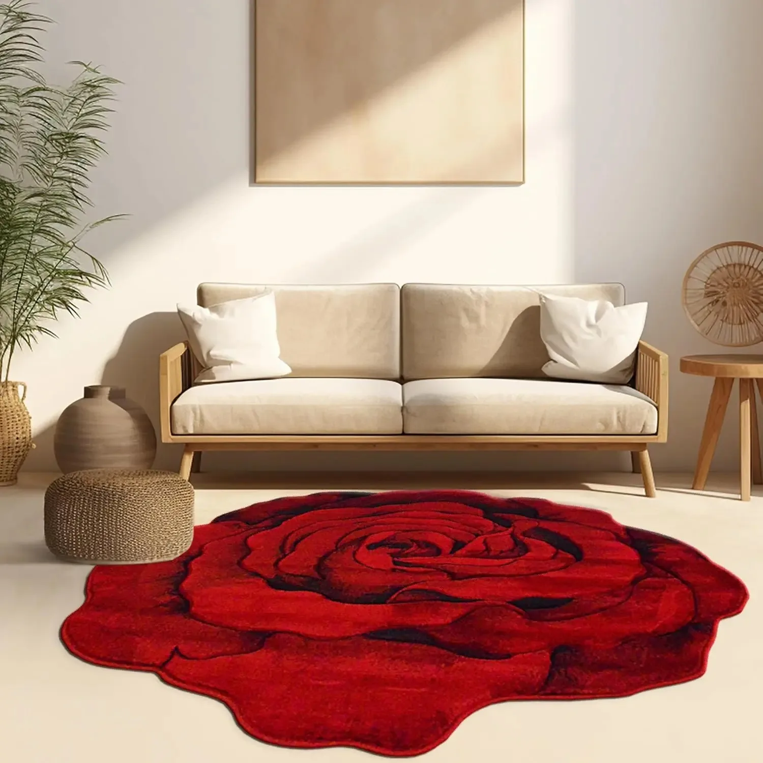 

VIKAMA Flannel Carpet Rose Shaped Living Room Mat Round Rug Coffee Table Sofa Cushion Stain-Resistant Non-Slip Mat Home Decor