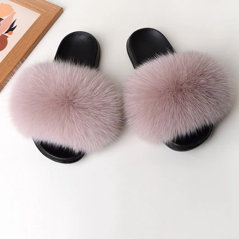 Real Fox Fur Slippers For Women Casual Fluffy Non-Slip Slippers Ladies Shoes Large Size Fur Slides Outdoor Plush Fur Slippers