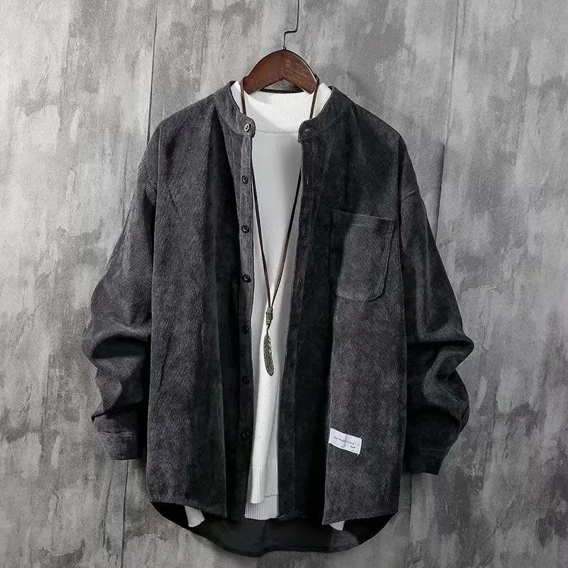 

Loose Fit Long Sve Corduroy Button up irt Men's Casual Retro Sle Color Stand Collar Jaet Faionable Urban Wear