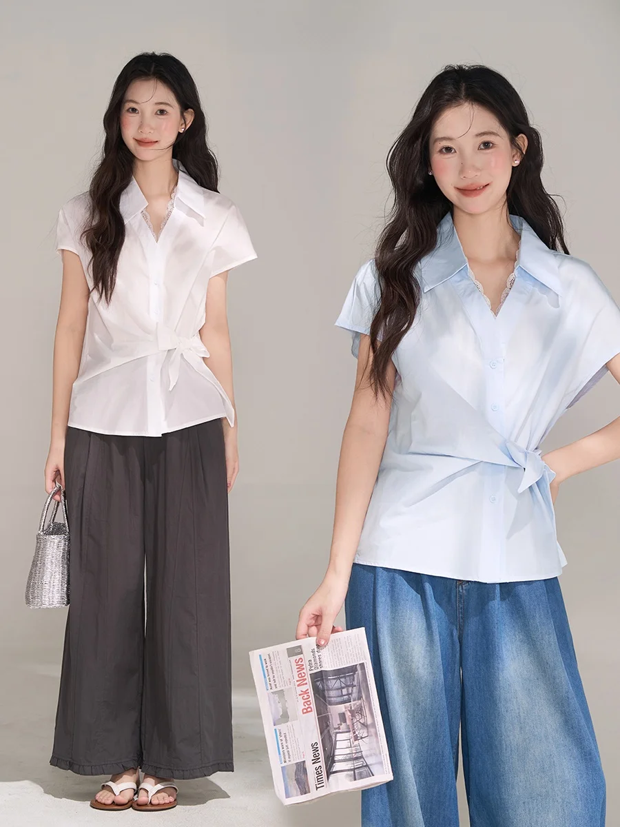 

Корейское летнее платье-рубашка из кружева с V-образным вырезом, дышащее, приятное к телу, однотонное, для повседневной носки