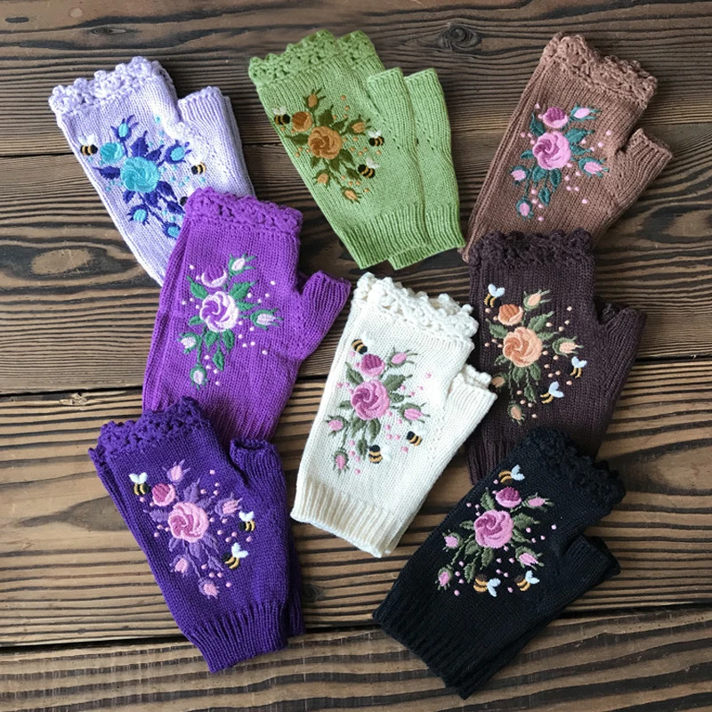 

INS Handmade Embroidery Gloves High Quality Mittens Autumn Winter Bee Floret Women's Warm Wool Knitted Adult Half-Finger Gloves