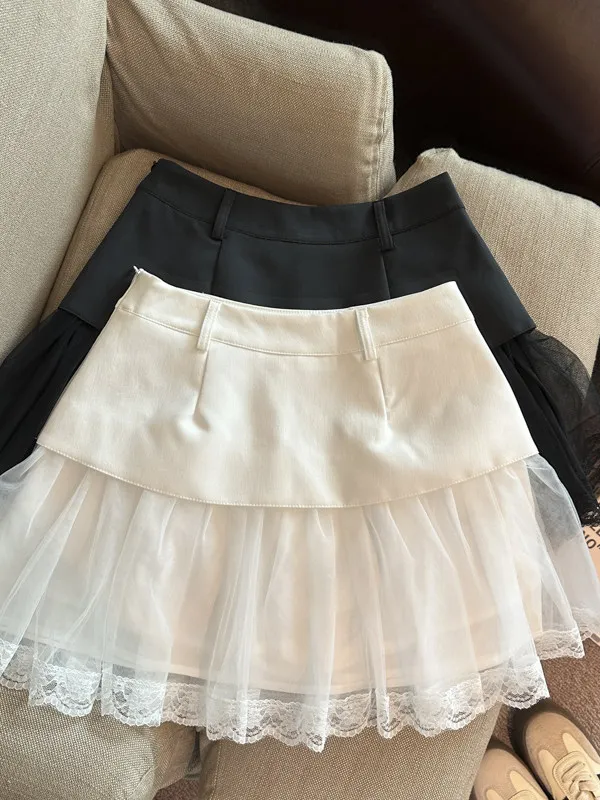 

Шикарная короткая юбка с кружевной отделкой, летняя модная модель в балетном стиле, мягкая, пышная, с эффектом Ogees Splicing, для молодых женщин