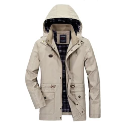 New Autumn Men Cotton Solid Color Detachable Hooded Loose Jacket Men Spring Multi Pockets Outdoors Casual Windproof Jacket Male