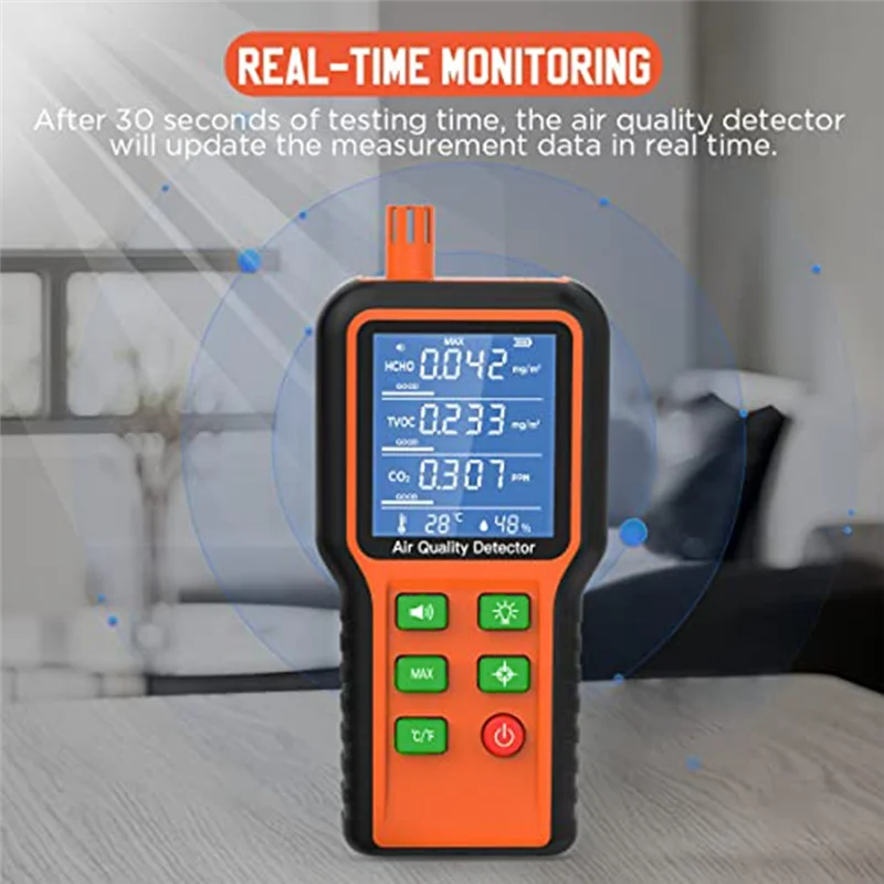 Air Quality Monitor Indoor 5-In-1 Air Quality Tester, Air Quality Meter Test Kit for House CO2, TVOC, HCHO, Humidity