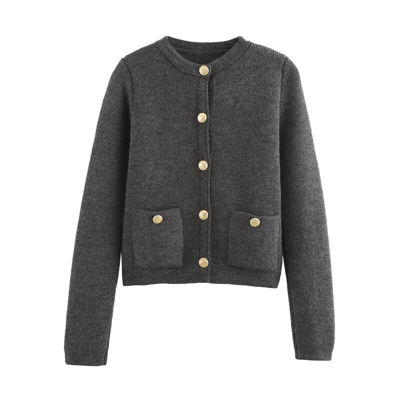 Fall Winter New Arrival Women's Knitted Long Sleeve round Neck Coat Golden Button Decorated Regular Length Cardigan