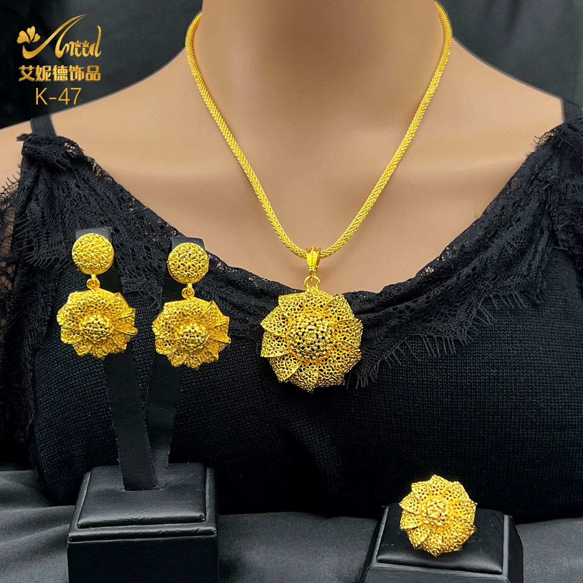 ANIID African 24k Gold Plated Jewelry Sets For Women Dubai Round Pendant Bridal Necklace Earrings Ring Indian Wholesales Gifts