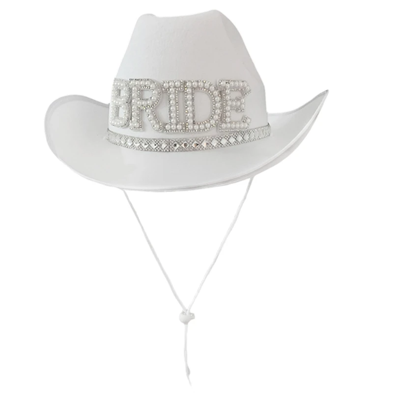 Rhinestone Women Bride Letter Cowgirl Hat Wide Brim Bridal Western Shinning White Fedora Hat for Photoshoot Supplies