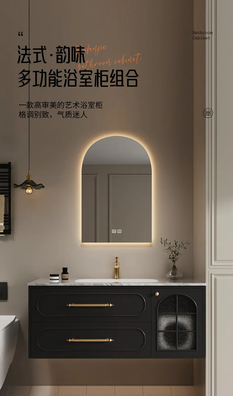 

Тумба для ванной комнаты с керамической интегрированной раковиной, боковым открытым умывальником, тумба под раковину, отделка под дуб.