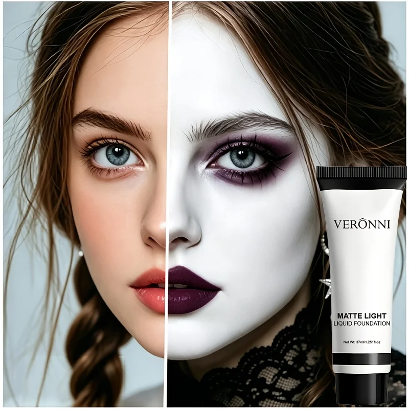 3pcs Full Coverage Matte White Liquid Foundation with a Free Brush,Suitable for Halloween and Daily Use, Role-playing Makeup