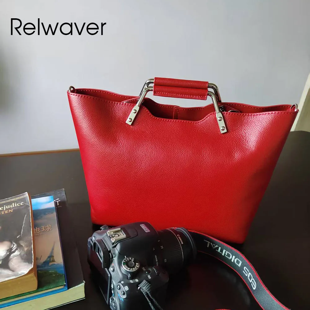 

Relwaver women handbag genuine leather red light grey party women bag 2026 spring fashion shoulder metal handle crossbody bag