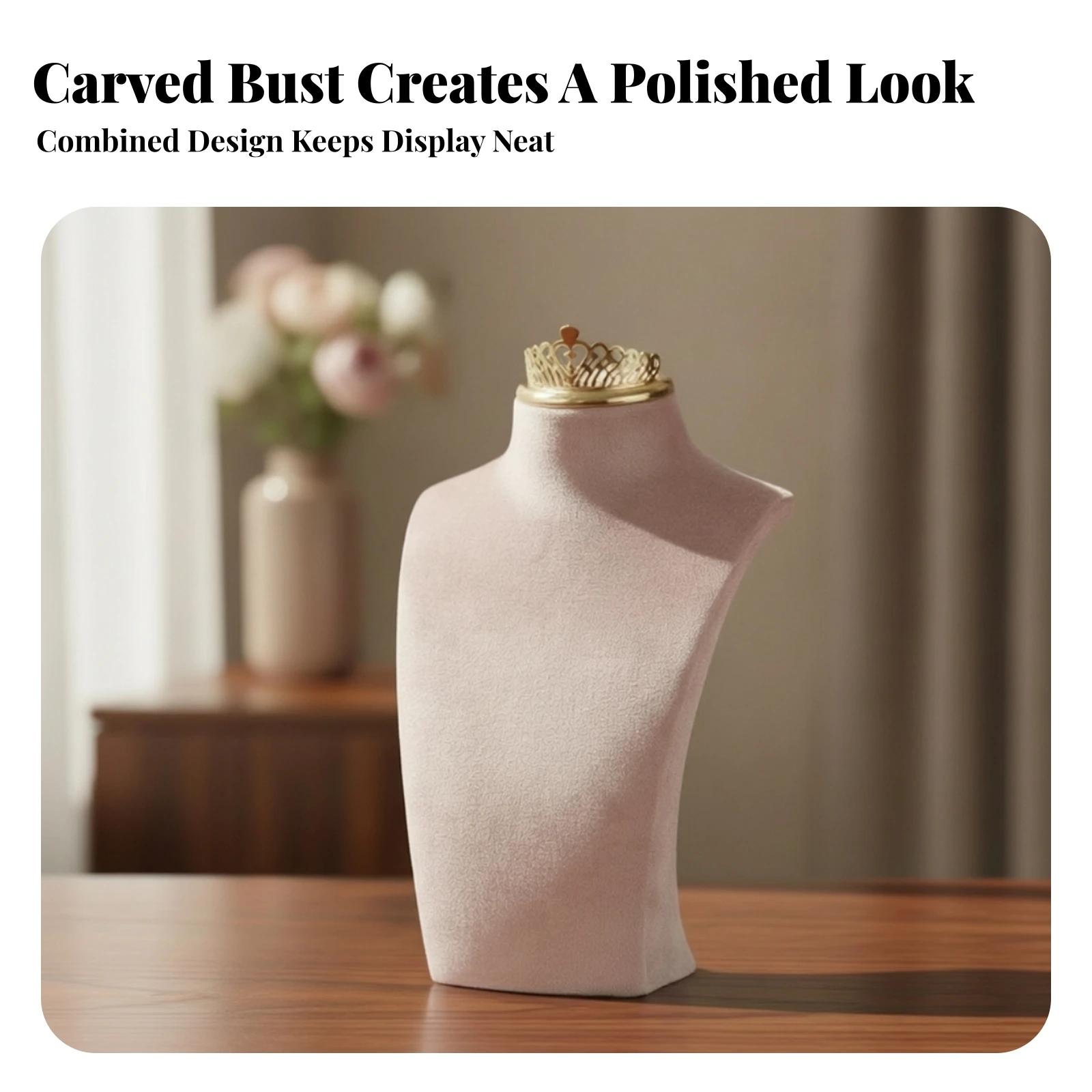 Necklace Display Bust with Crown Top Compact Necklace Display Bust Neck Mannequin Classy Weighted for Jewelers, Showcase