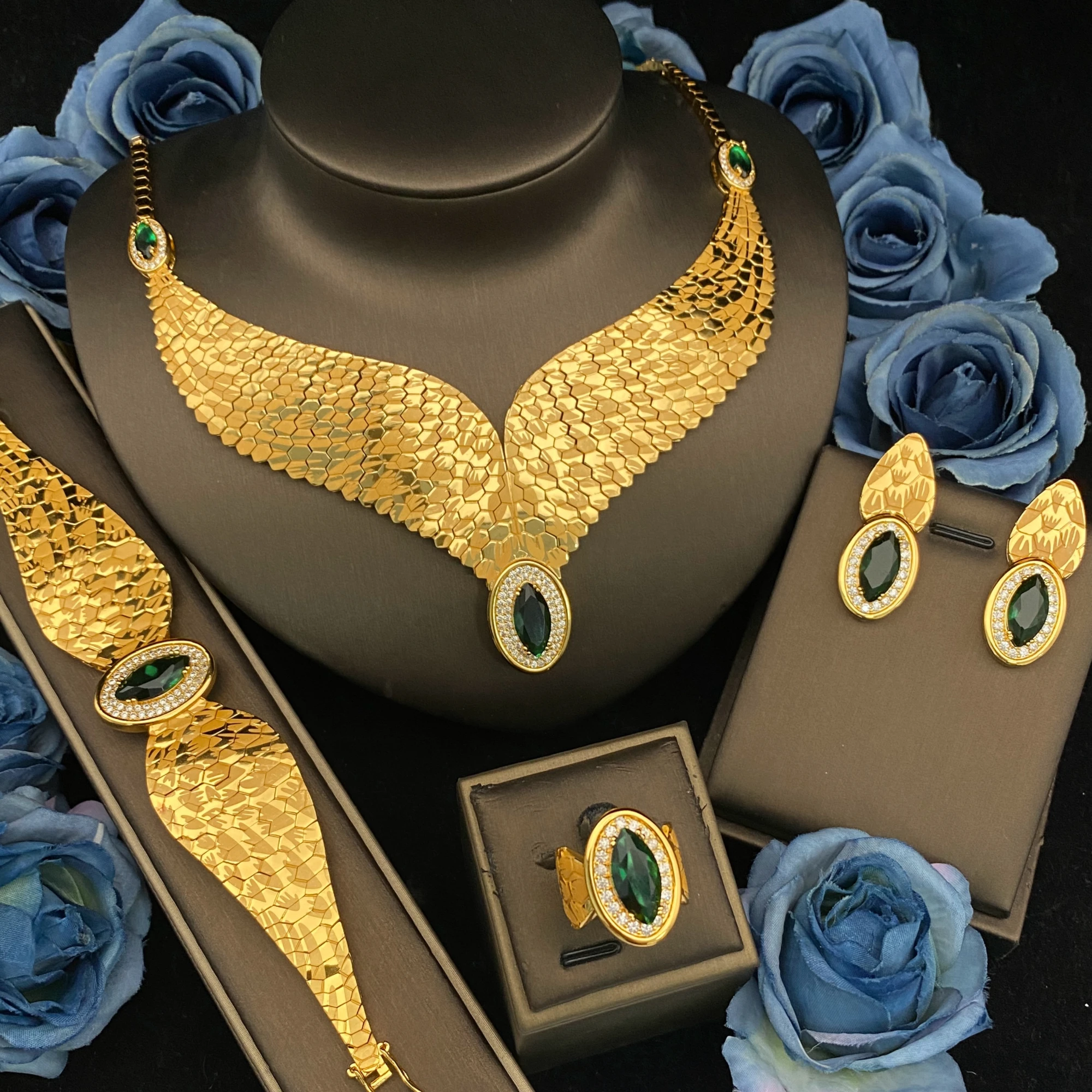 

JRH 4 шт. зеленый CZ роскошный африканский комплект ювелирных изделий для женщин, свадебная вечеринка, кристалл циркона, Дубай, свадебный комплект ювелирных изделий, подарок