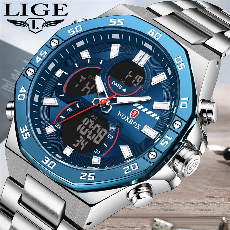 LIGE New Fashion Military Digital Watch Men Waterproof Men\'s Quartz Wristwatches Casual Dual Display Watch for Men Montre Homme