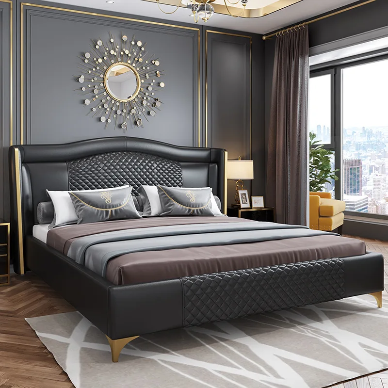 

MANBAS Genuine Leather Bed Nordic Double Size Rectangle Bed Frame Nordic King/Queen Size Wedding Lits Designer Upholstered Cama