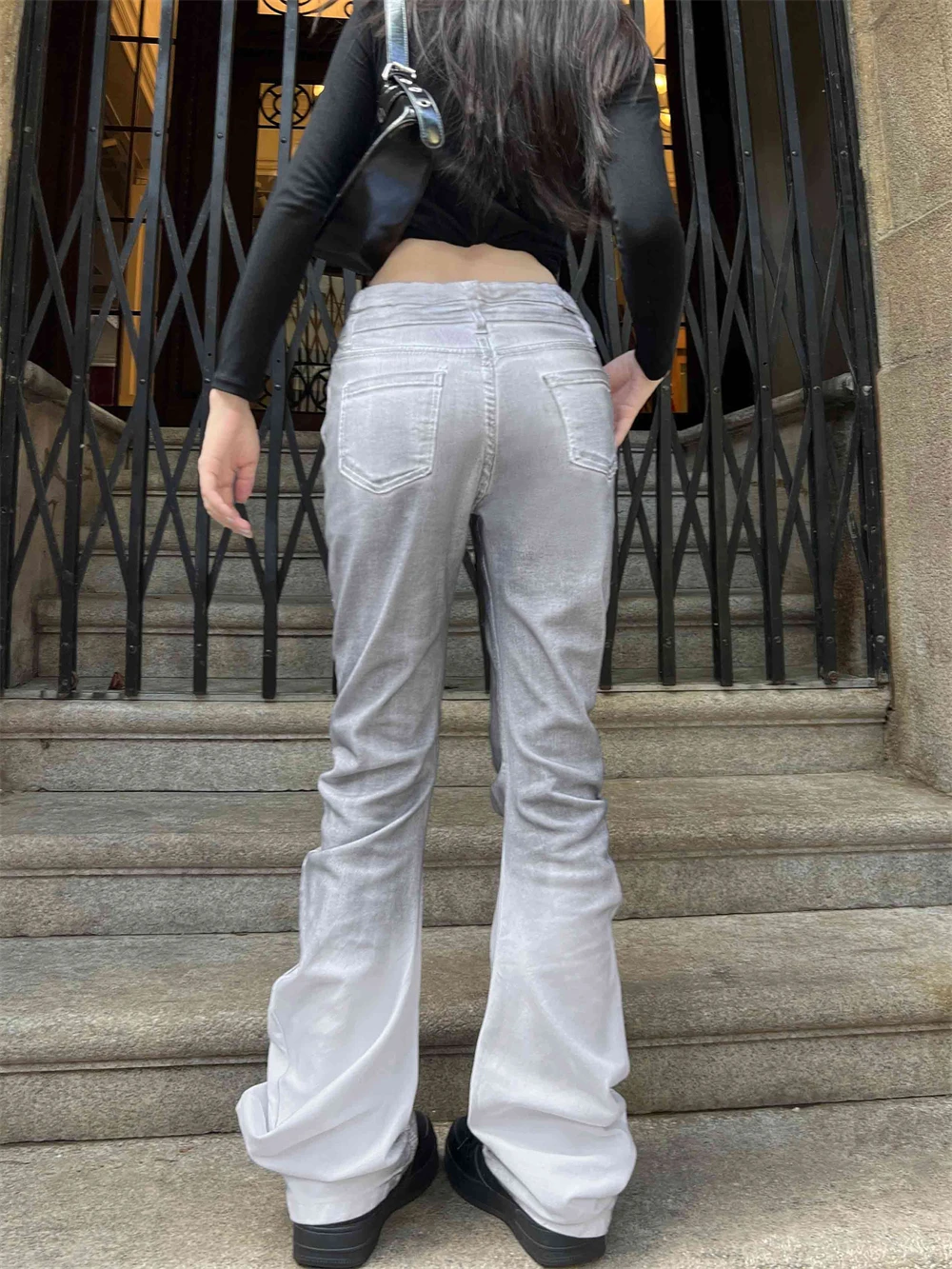 Women's Low Rise Skinny Flare Jeans Japanese Dark Academia Stacked Jeans Denim Pants Abi Y2k Goblin Core Bell Bottom Bootcut New