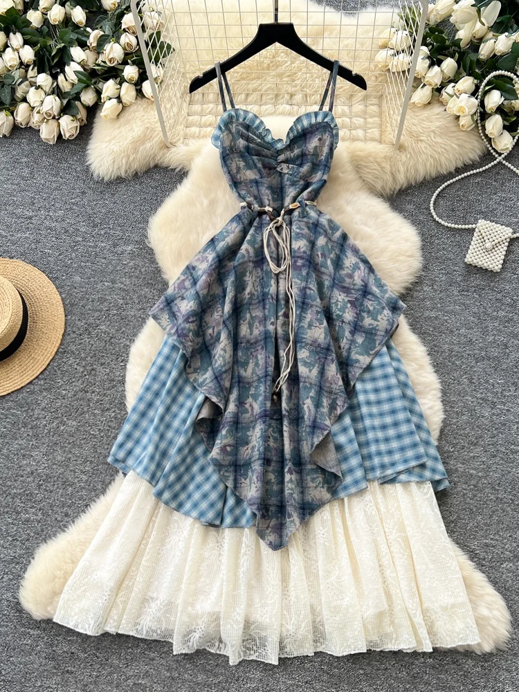 

Французское кружевное платье с высокой талией ter Dr, женское платье в асимметричную клетку, утягивающий дизайн талии, летний сезон