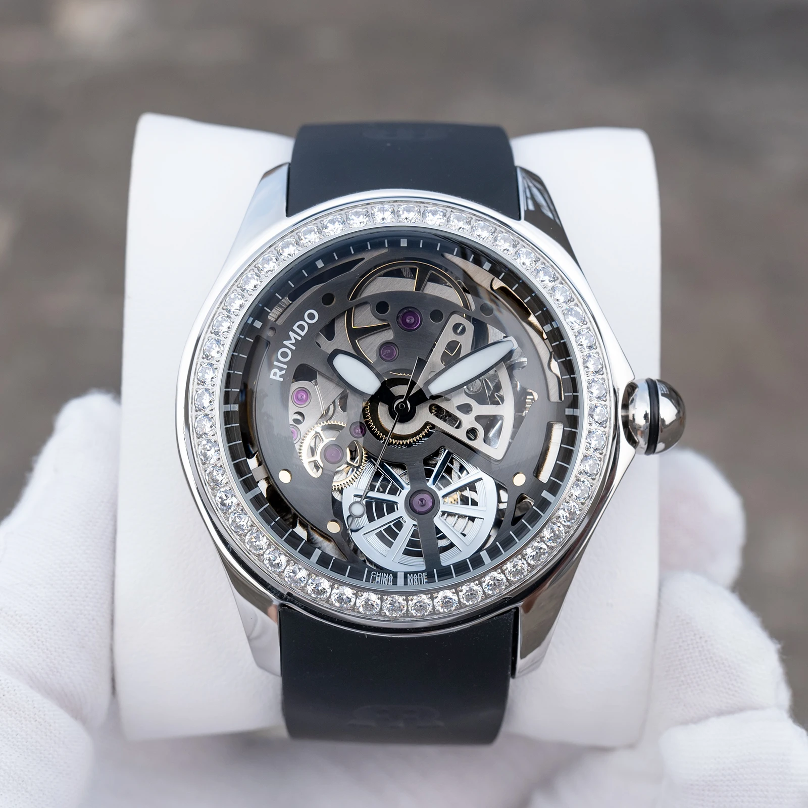 OBLVLO Men's 46mm Machinery Skeleton Dial Automatic Watch with Diamonds Luminous Waterproof Rubber Band Military Watch RD-718