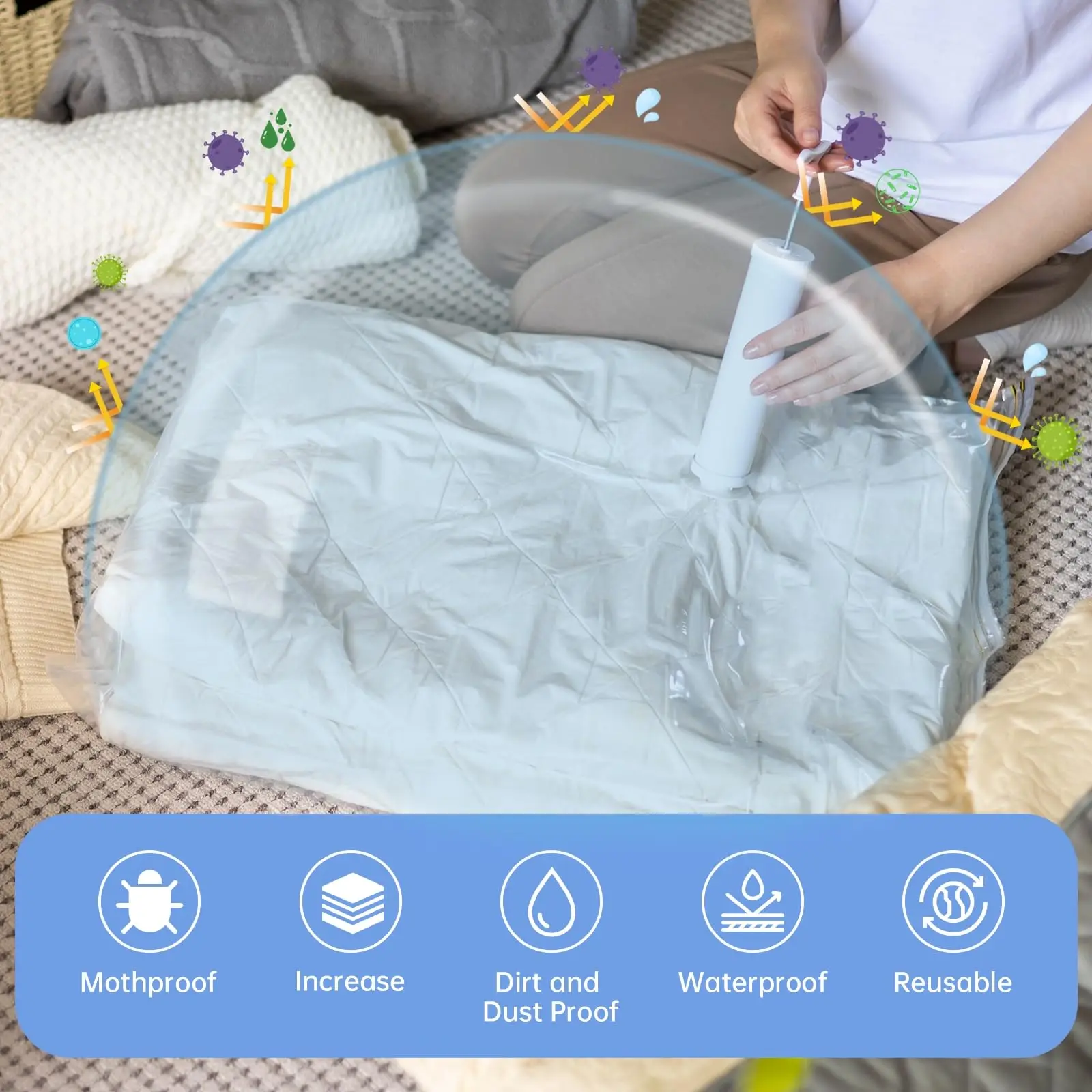 أكياس تخزين مكنسة متعددة الأحجام مع أكياس محكمة الغلق بمضخة لتنظيم أكياس توفير المساحة لمنظم الملابس والملابس