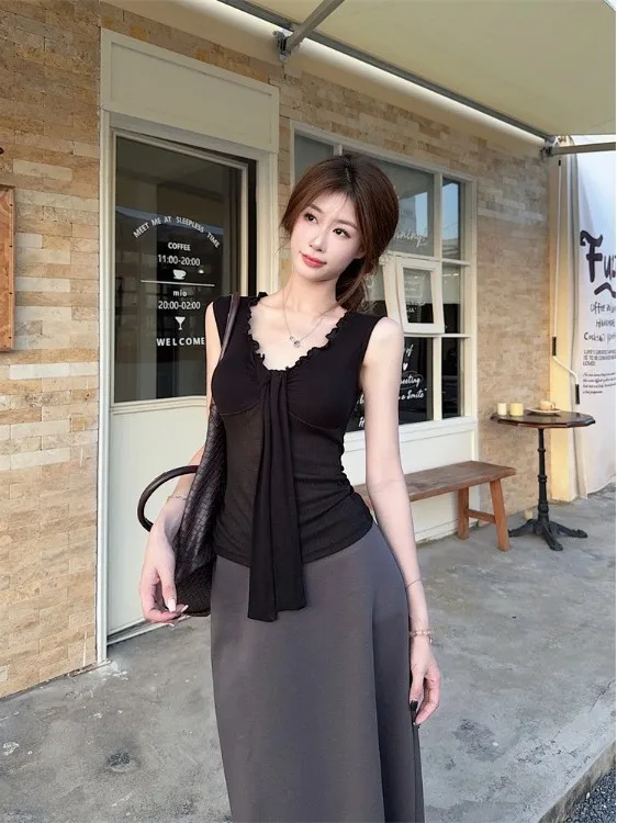 

plus Size Summer Beautiful Set Women's Sleeveless Slimming Top Half Skirt Fat MM Lovely Unique Two-Piece Set Fashionable Ense...