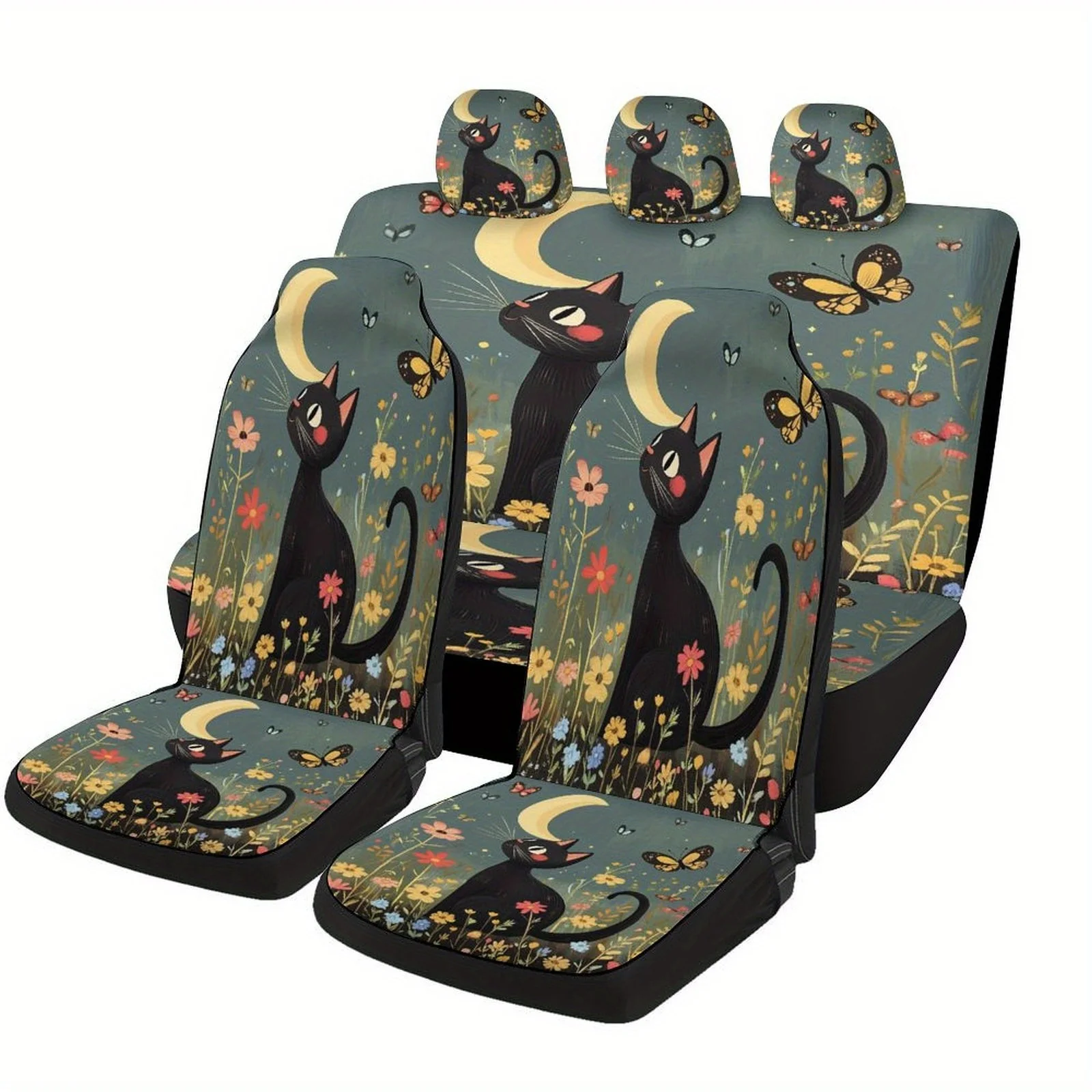 Set Of Car Seat Covers Featuring A Black Cat And Moon Garden Design, Suitable For Various Vehicles. Stylish And Comfortable, Thi