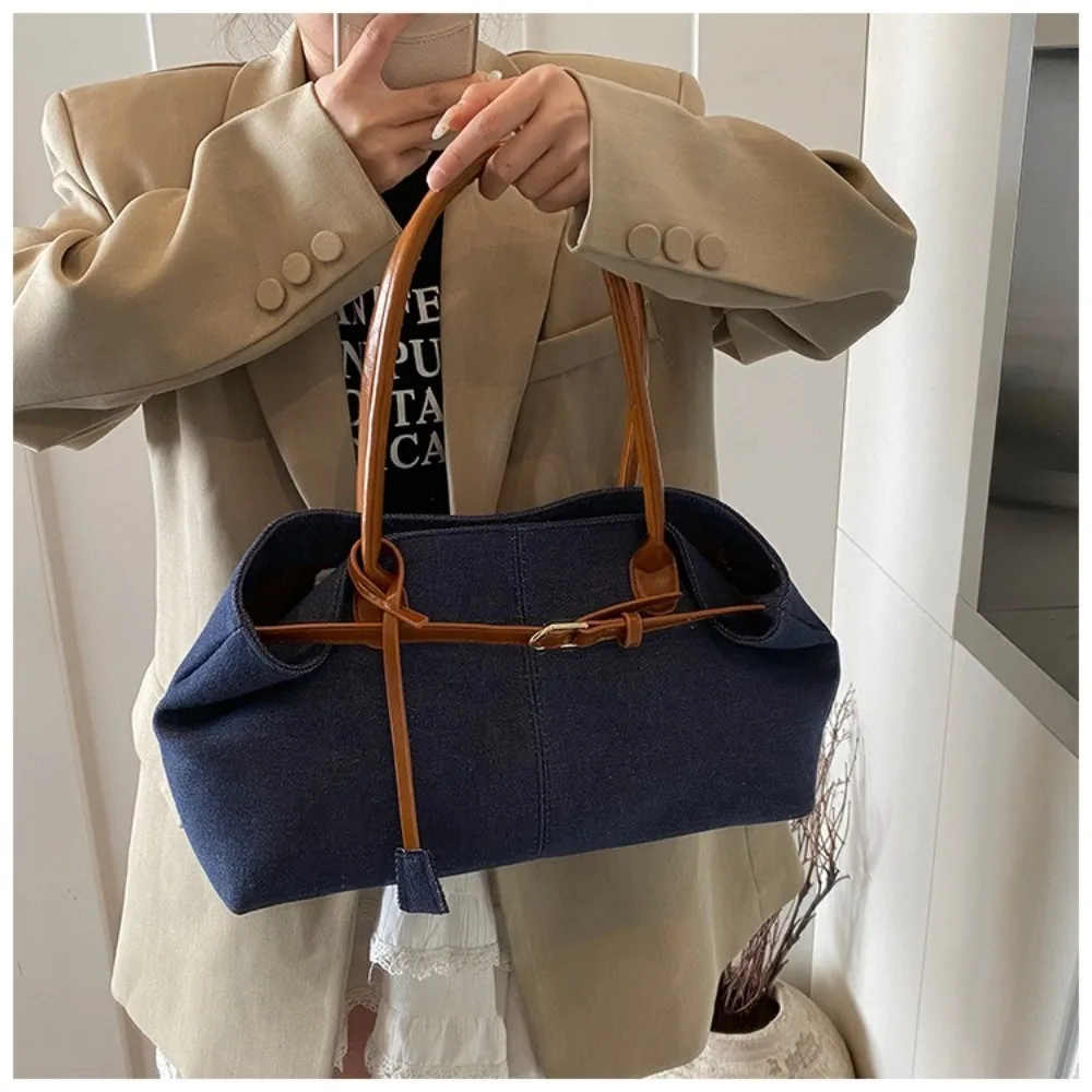 

Simple Hasp Closure Denim Shoulder Bag Elegant Large Capacity Vintage Armpit Bag Chic Patchwork Color Casual Tote Bag Students