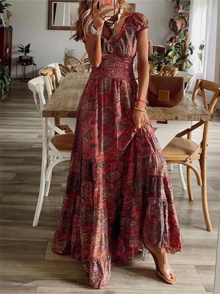 Women\'s Summer New Ethnic Style Printed Dress Short-sleeved Waist Dress Fashionable Floral Petal Sleeves Large Hem A-line Dress