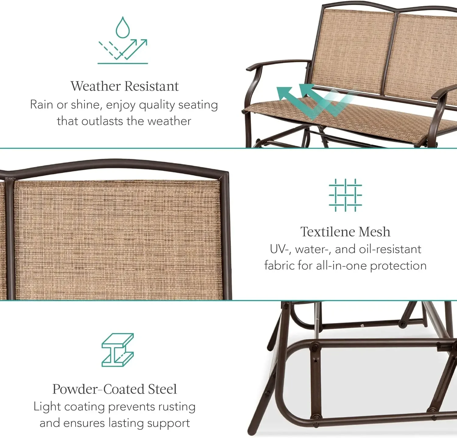 Loveseat balancín de Banco de acero para Patio al aire libre para 2 personas, balancín para cubierta, porche con tela de Textilene, marco de acero