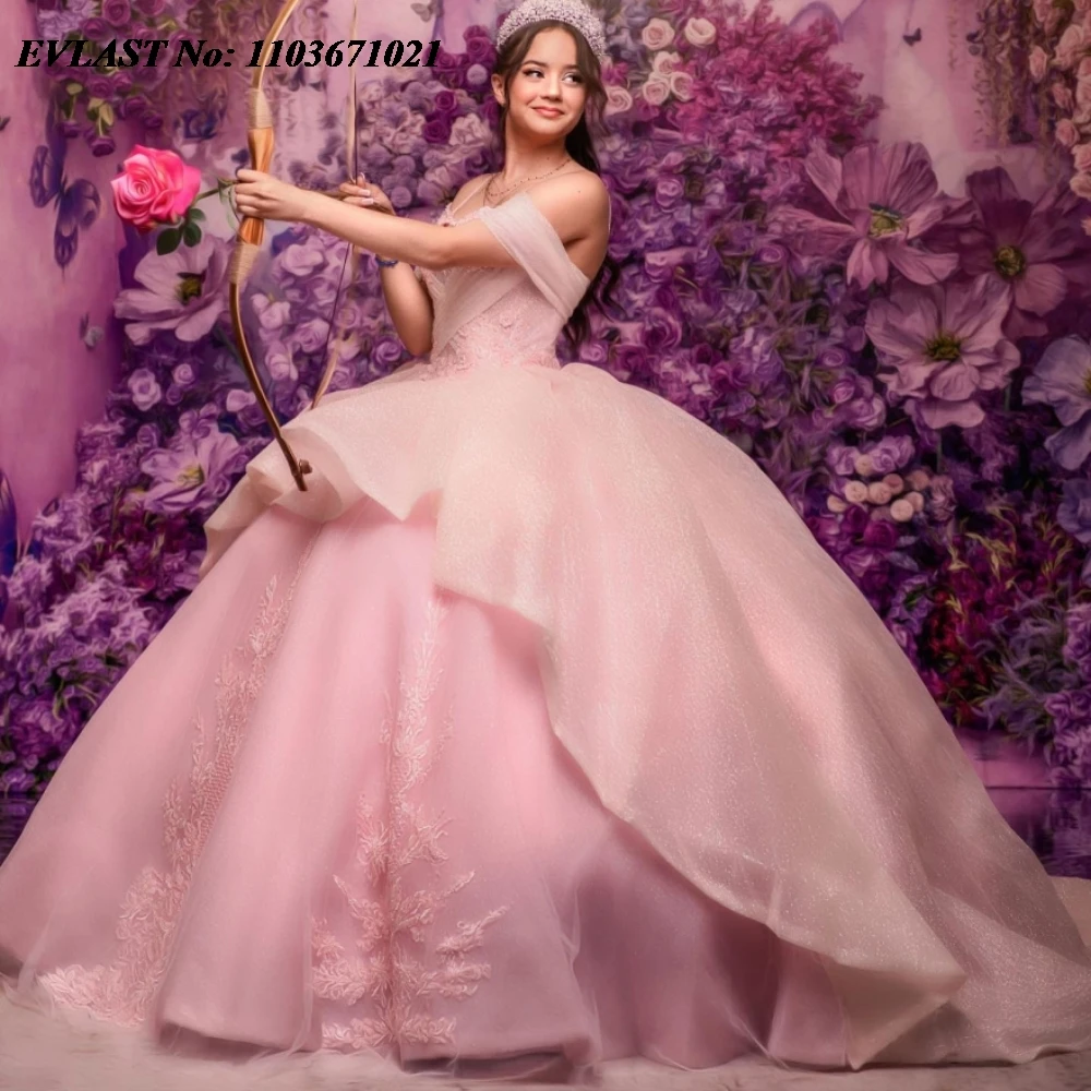 EVLAST gaun bola putri Pink Quinnceanera gaun renda Applique berlian bermanik korset berjenjang manis 16 Vestidos De 15 Anos SQ509